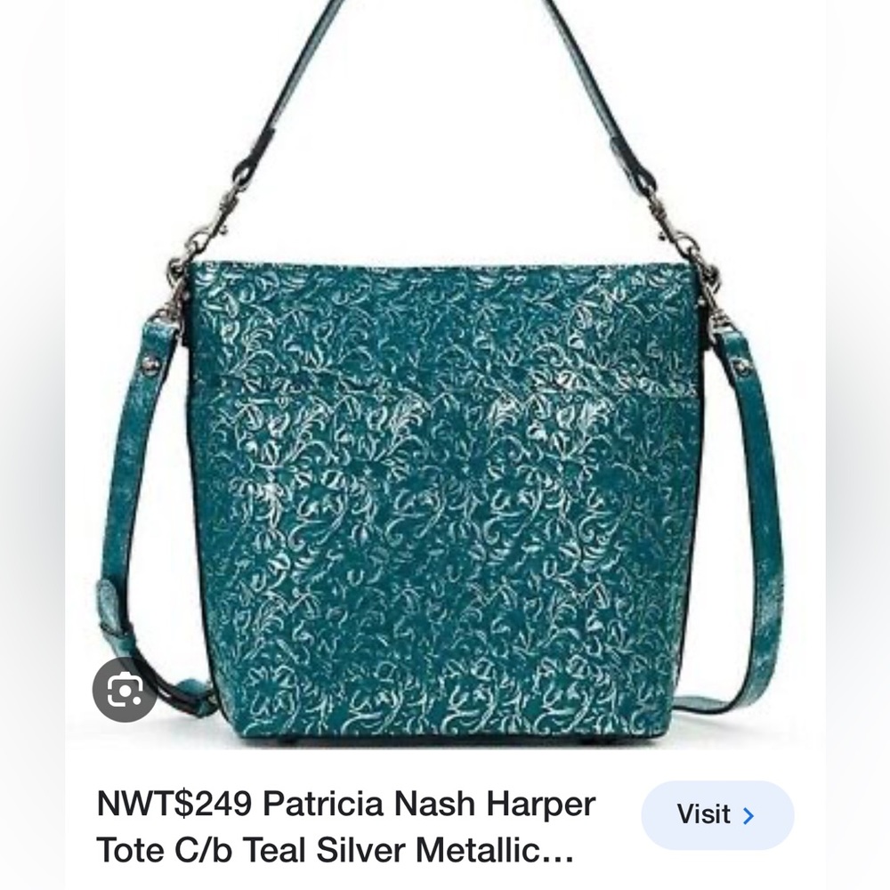 Patricia Nash Metallic Floret Tooled Leather Teal Harper Tote Crossbody Bag